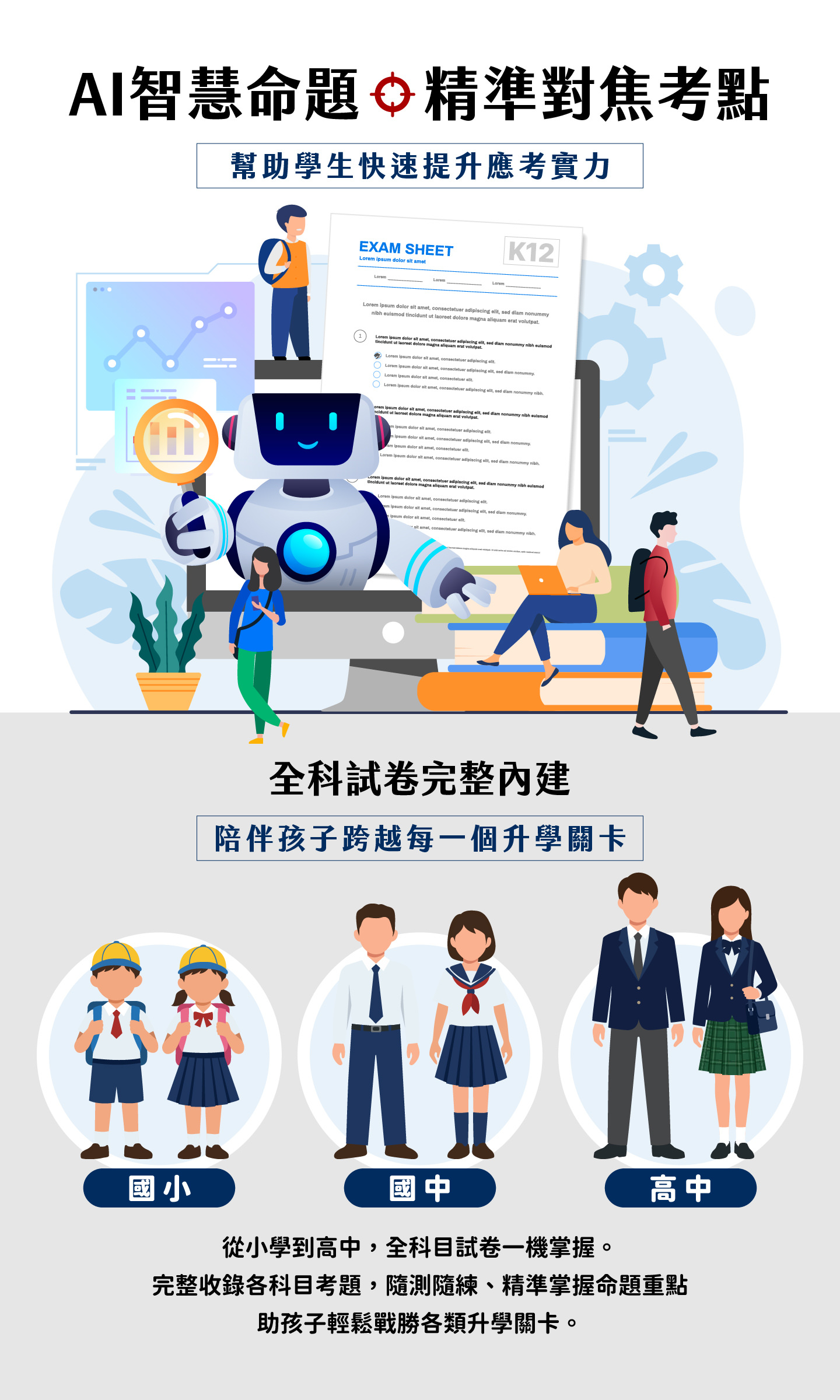 內建國小、國中、高中全科試卷，由AI智慧命題，精準對焦考點，幫助學生快速提升應考實力